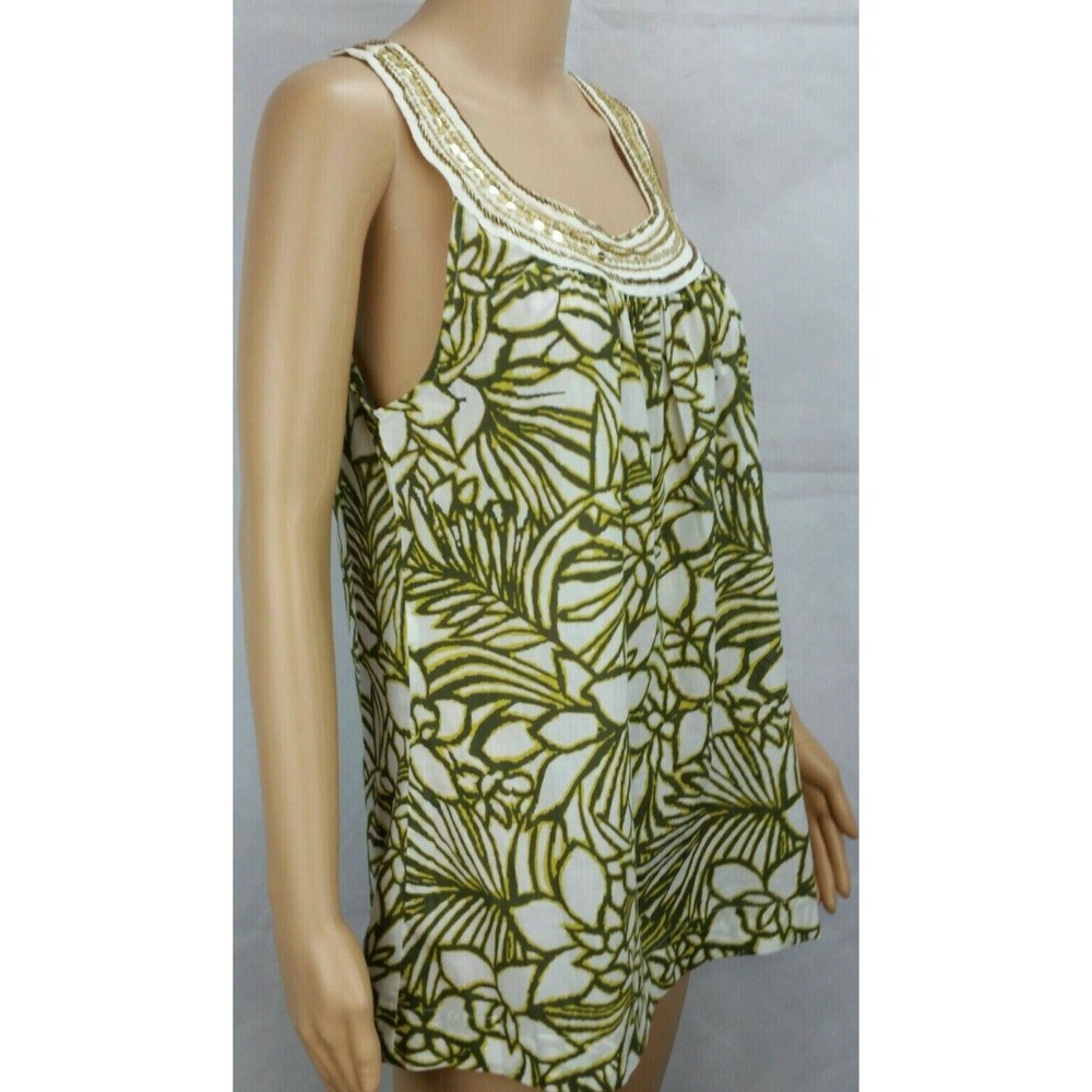 NWT New Directions Weekend (M) Green & Ivory Tunic/Tank Top Beaded Neckline